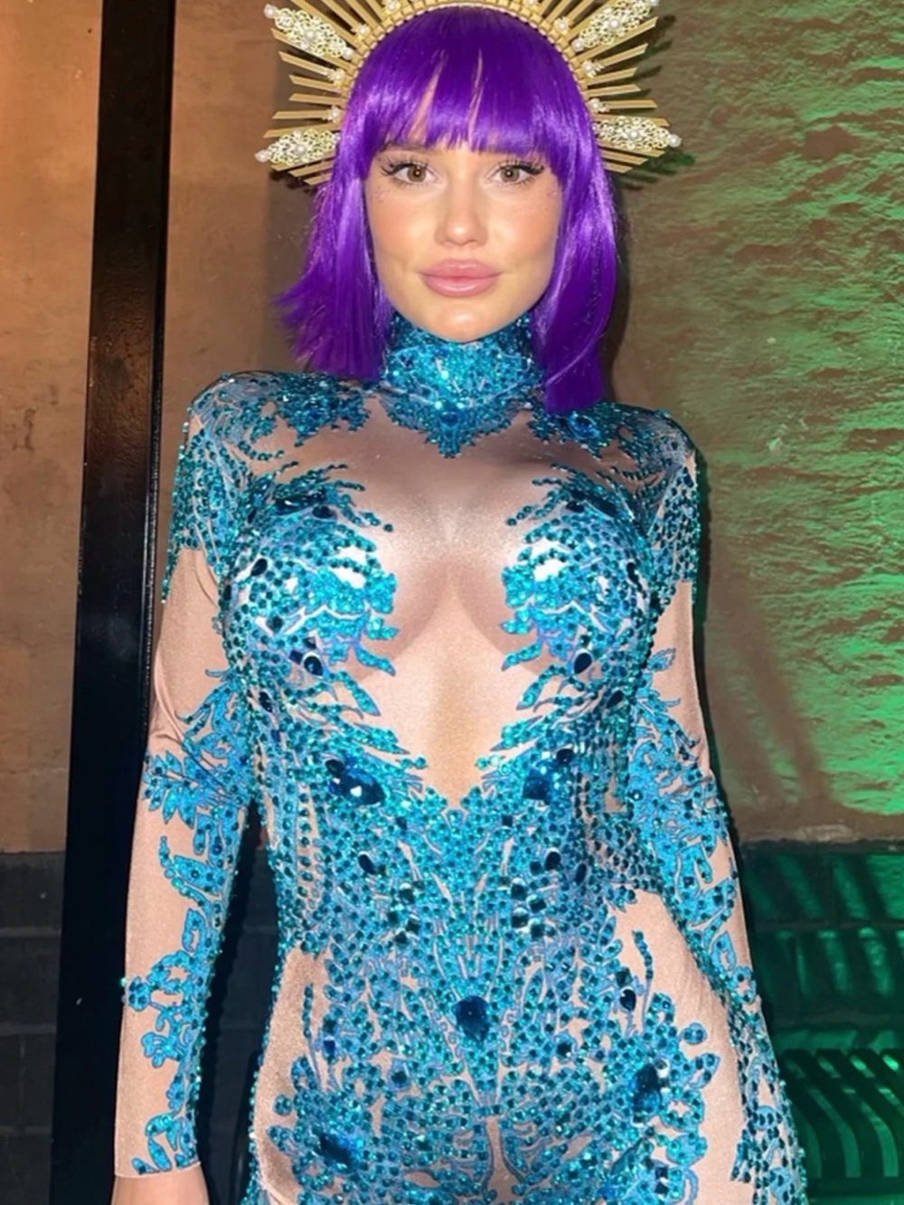Sheer Embellished Turquoise Jumpsuit